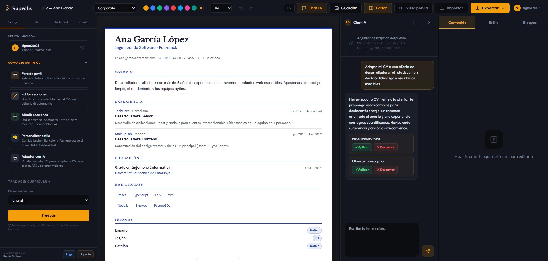 Editor de Suprelis con el Chat IA abierto adaptando la experiencia, con sugerencias para aceptar o descartar y el panel de edición a la derecha