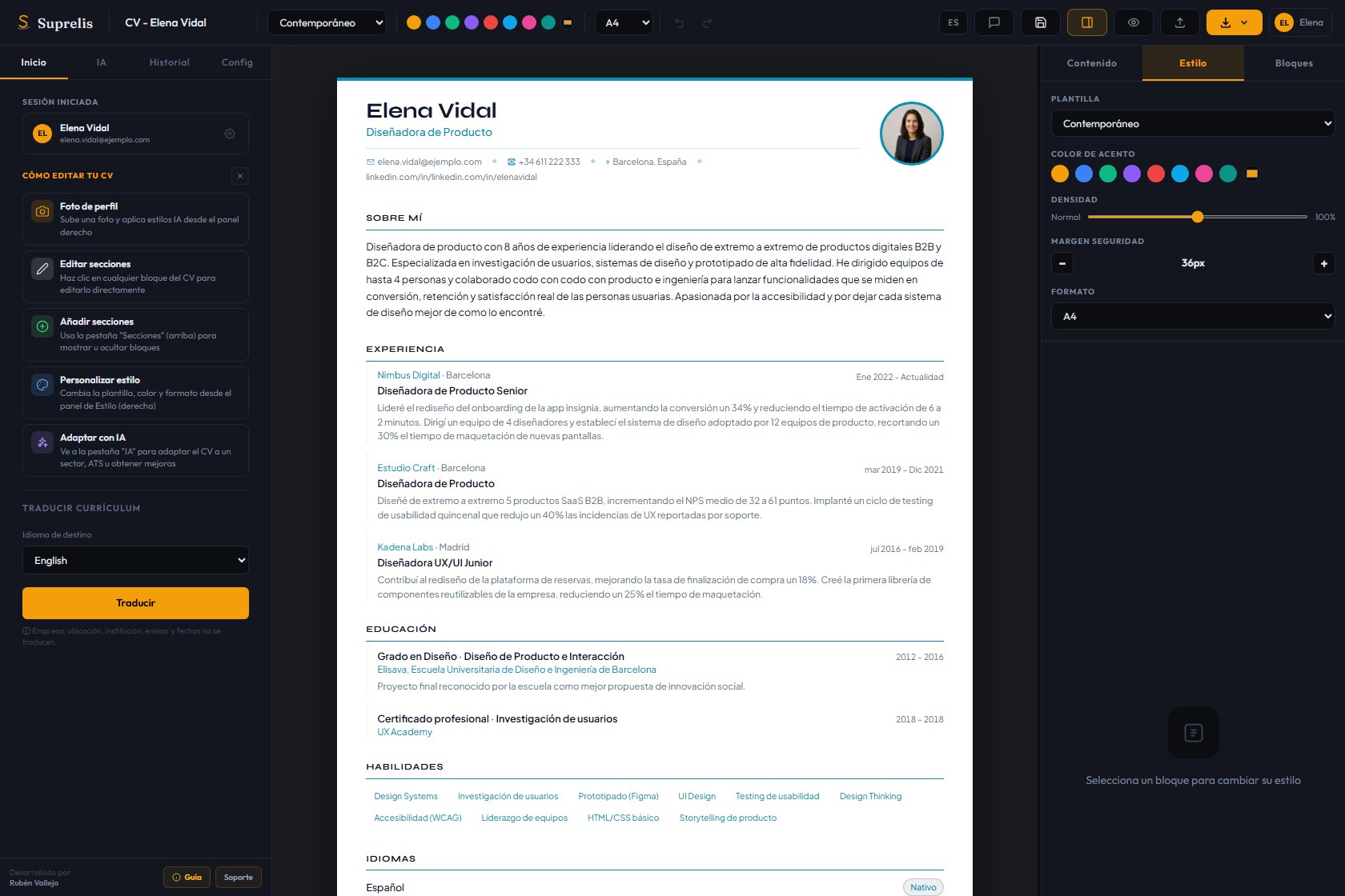 Captura real del editor de Suprelis con CV de ejemplo, chat de IA y panel de edición