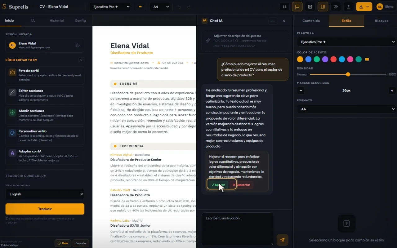 Editor de Suprelis con el Chat IA abierto adaptando la experiencia, con sugerencias para aceptar o descartar y el panel de edición a la derecha