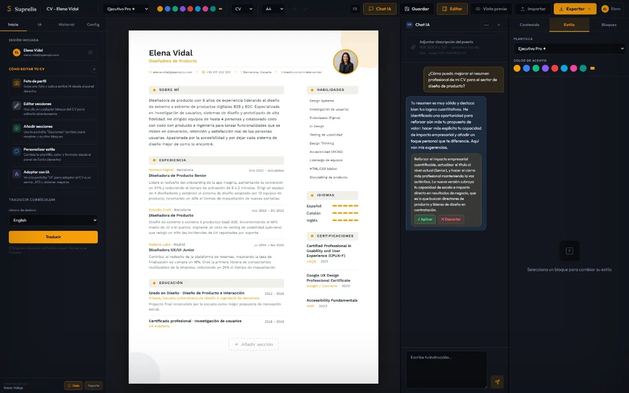 El mismo CV de ejemplo traducido del español al inglés en Suprelis, con el formato intacto