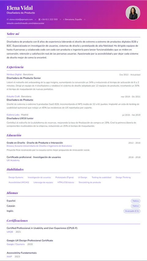 Plantilla de CV Aurora en Suprelis, con un currículum de ejemplo completo