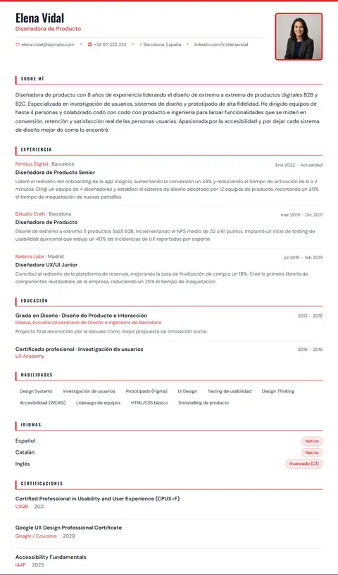 Plantilla de CV Axiom en Suprelis, con un currículum de ejemplo completo