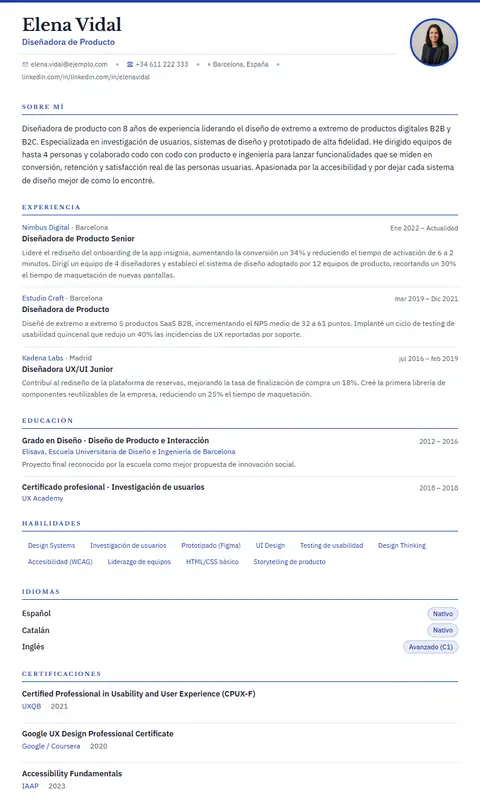 Plantilla de CV Corporate en Suprelis, con un currículum de ejemplo completo