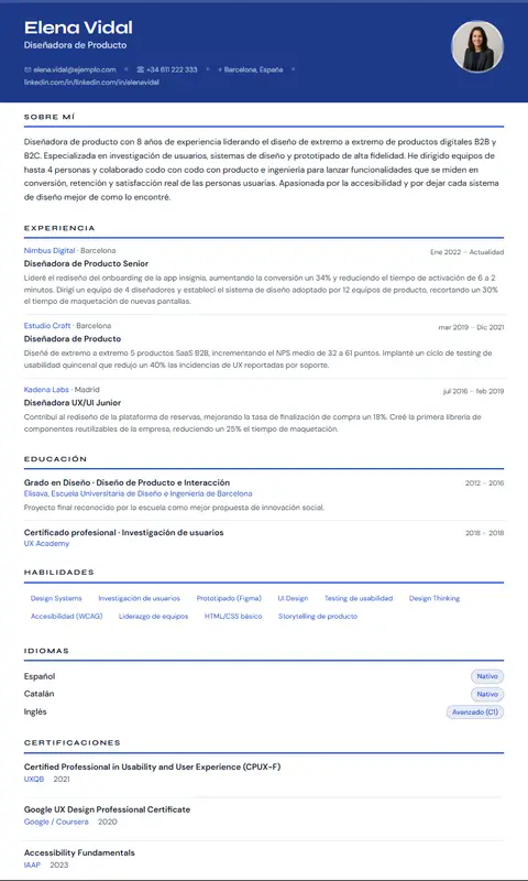 Plantilla de CV Cobalt en Suprelis, con un currículum de ejemplo completo