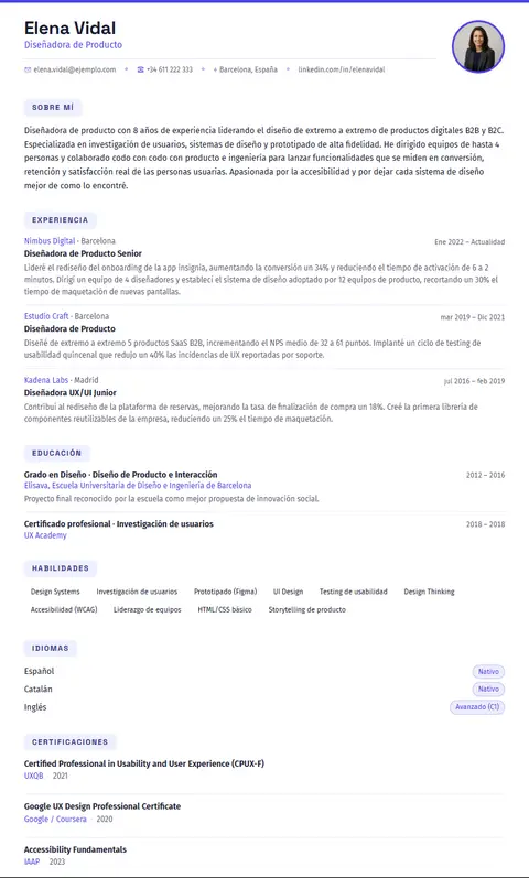 Plantilla de CV Índigo en Suprelis, con un currículum de ejemplo completo