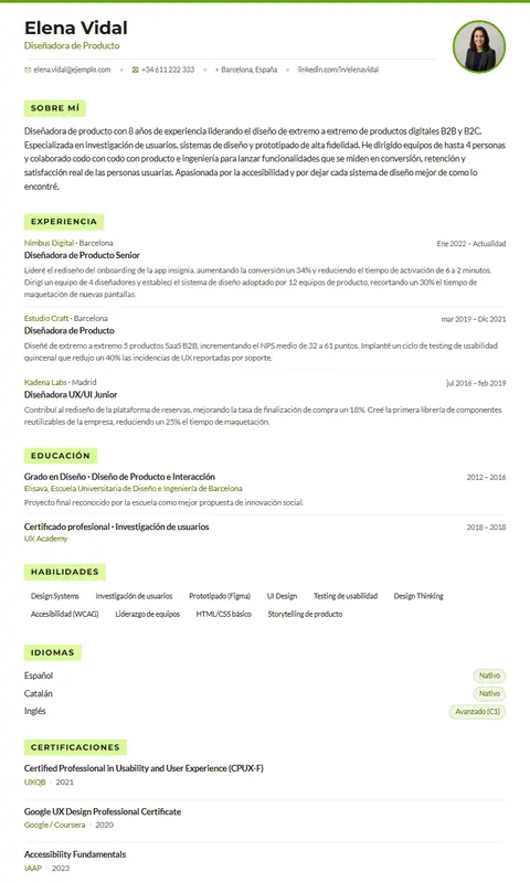 Plantilla de CV Lima en Suprelis, con un currículum de ejemplo completo