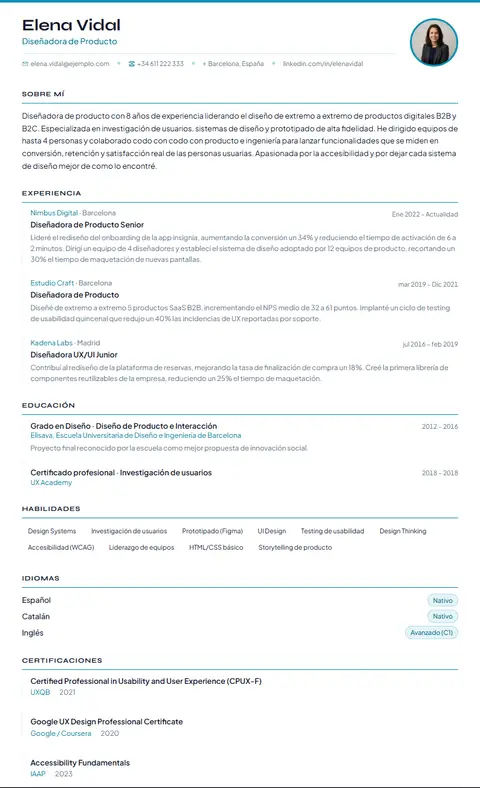 Plantilla de CV Contemporáneo en Suprelis, con un currículum de ejemplo completo