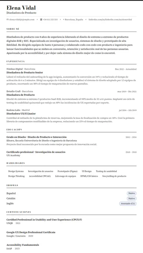 Plantilla de CV Noir Editorial en Suprelis, con un currículum de ejemplo completo