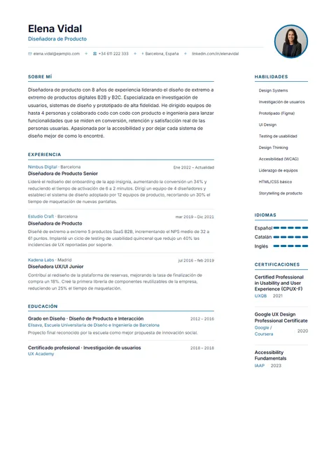 Plantilla de CV Compacto Pro ✦ en Suprelis, con un currículum de ejemplo completo