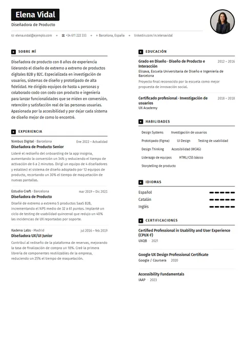 Plantilla de CV Capital Pro ✦ en Suprelis, con un currículum de ejemplo completo