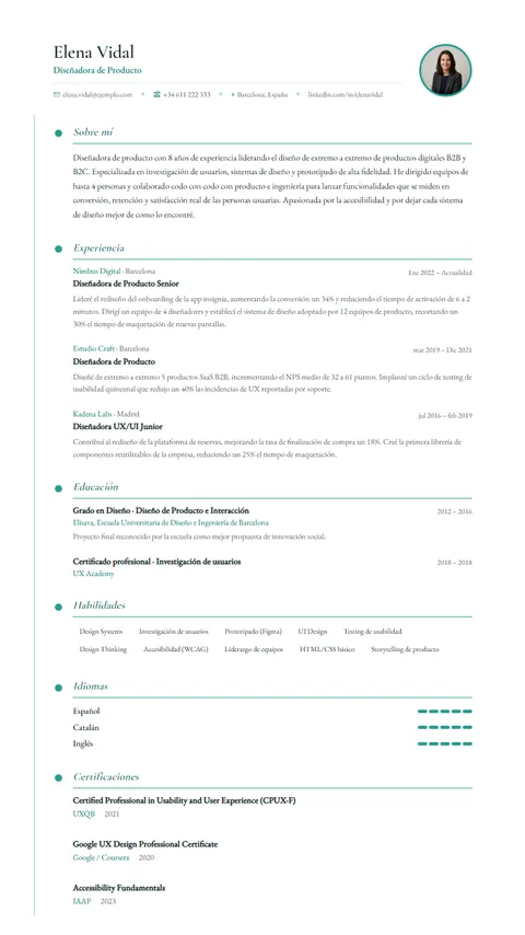 Plantilla de CV Timeline Pro ✦ en Suprelis, con un currículum de ejemplo completo
