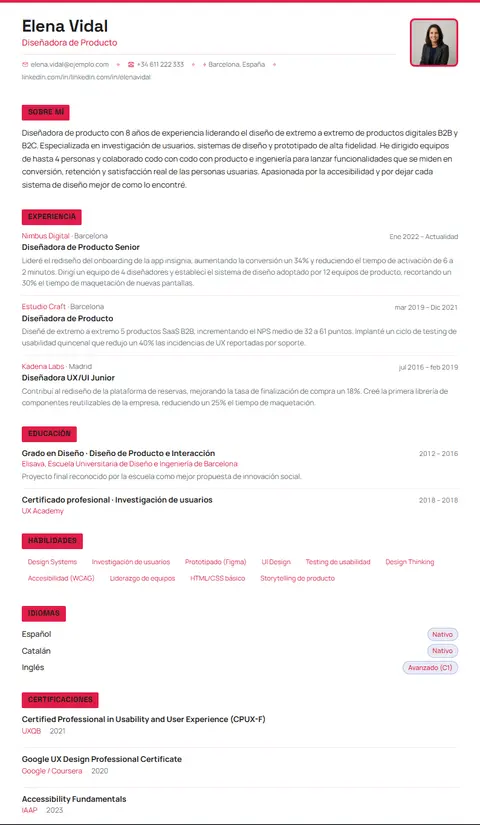 Plantilla de CV Pulse en Suprelis, con un currículum de ejemplo completo