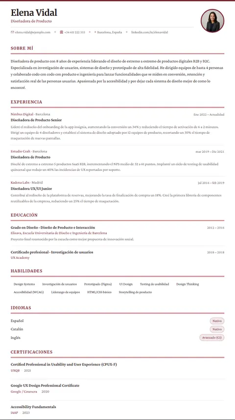 Plantilla de CV Rioja en Suprelis, con un currículum de ejemplo completo
