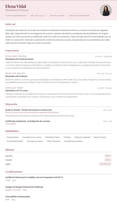 Plantilla de CV Rosé en Suprelis, con un currículum de ejemplo completo