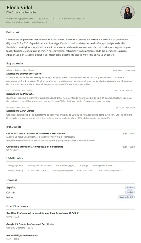 Plantilla de CV Salvia en Suprelis, con un currículum de ejemplo completo