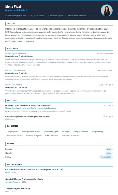 Plantilla de CV Slate en Suprelis, con un currículum de ejemplo completo