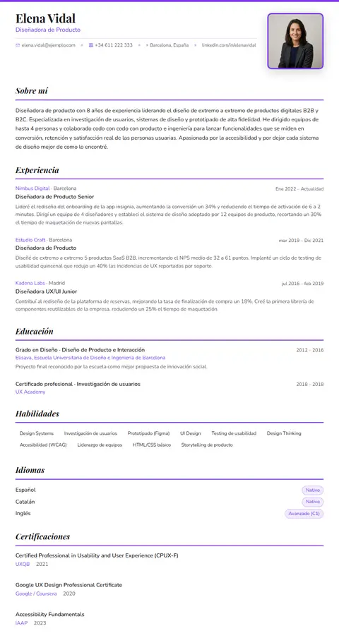 Plantilla de CV Solano en Suprelis, con un currículum de ejemplo completo