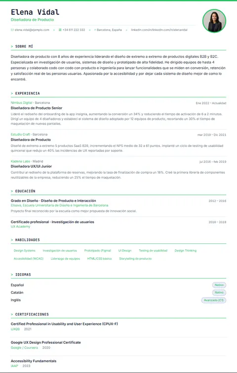Plantilla de CV Tech Mono en Suprelis, con un currículum de ejemplo completo